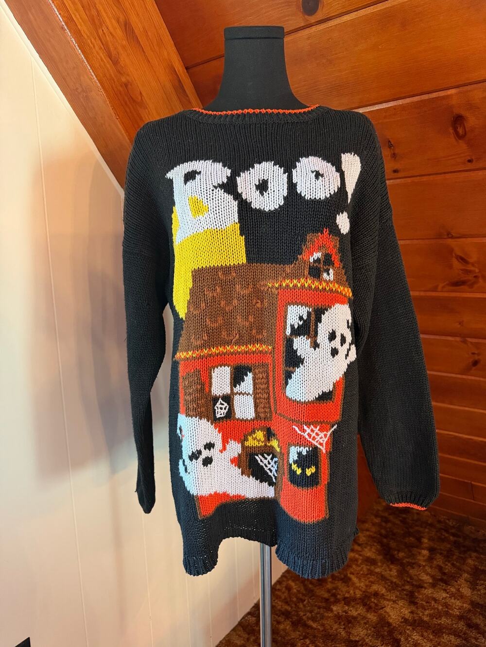Vintage 90s Black Halloween Haunted House Ghost Sweater sz M